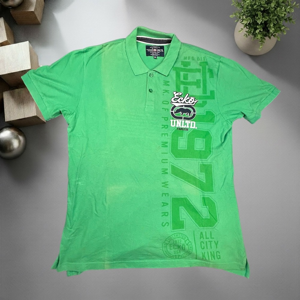 Vintage Ecko Unltd Polo Shirt XXL Green Y2K Skater Streetwear Rhino Logo 1972